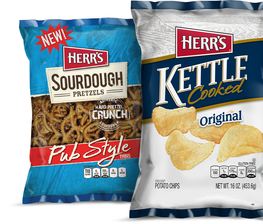 Bag of Herr's Sourdough Pretzels and Herr's Kettle Cooked Original chips