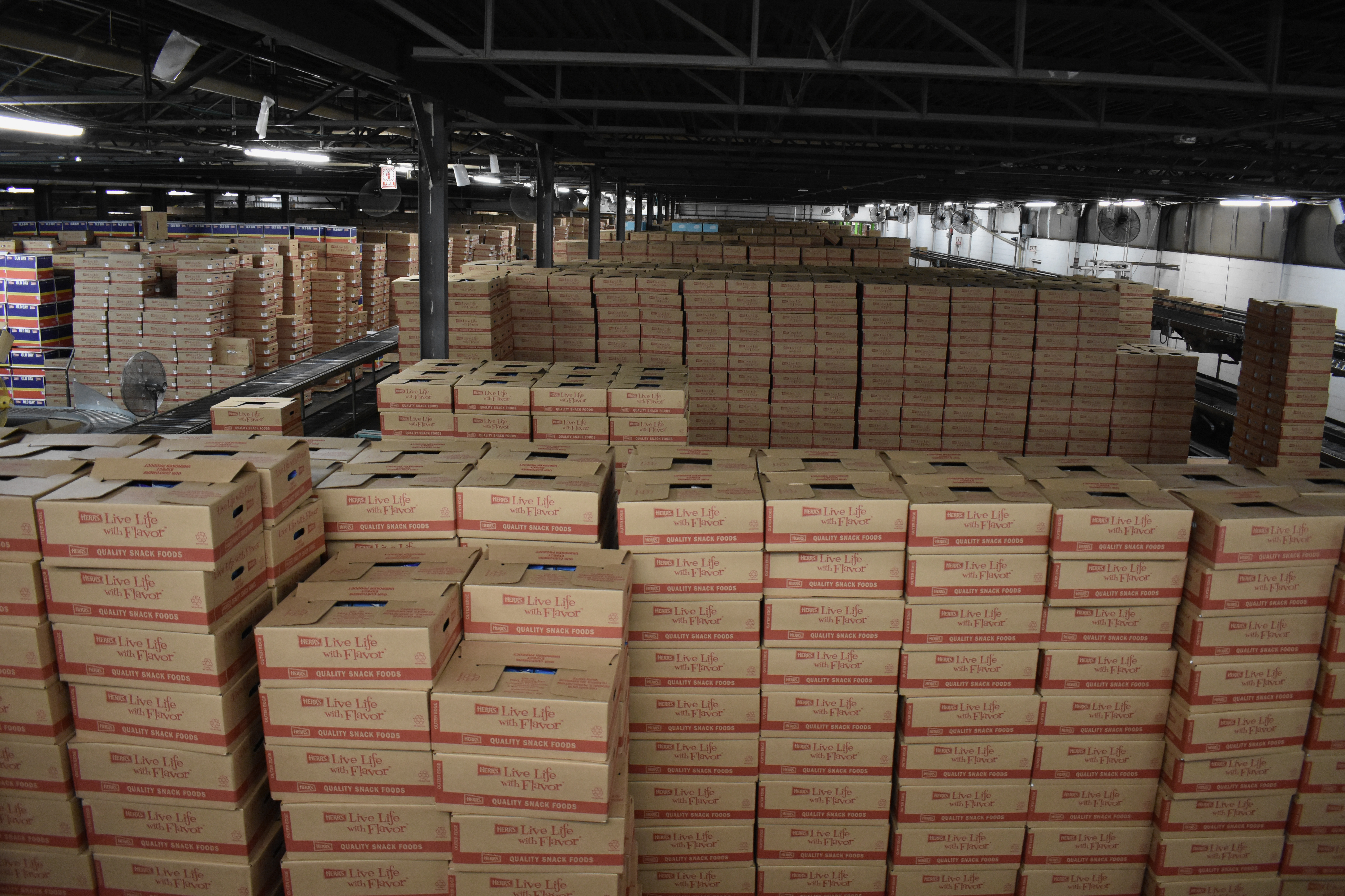 Boxes of Herr's snacks packed and ready to be shipped