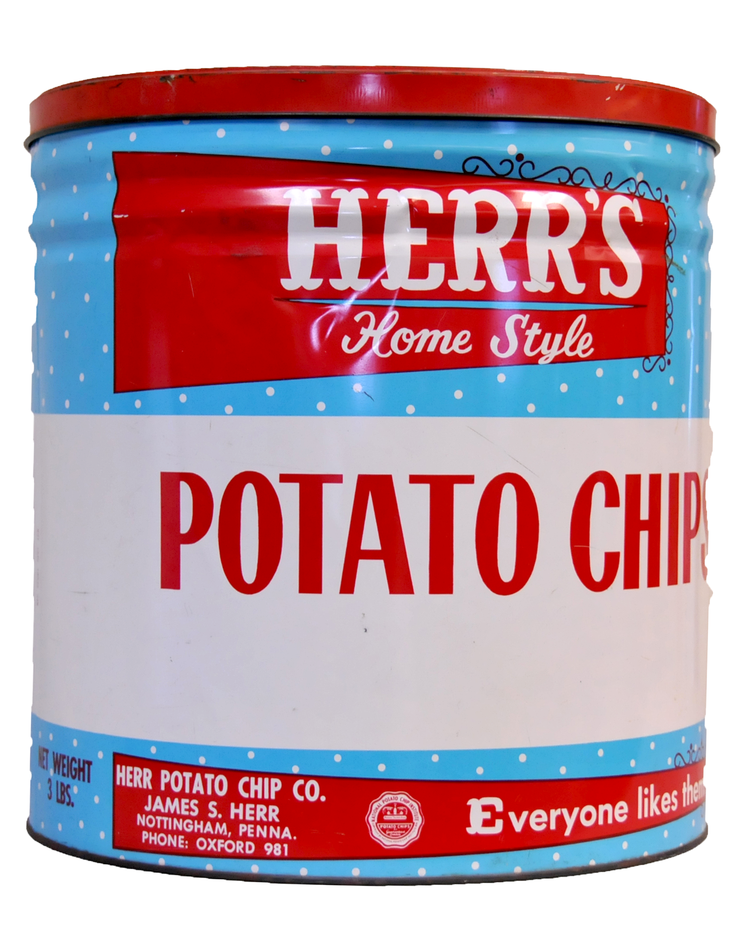 Herr's potato chips in an old can